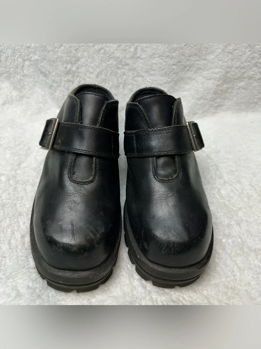 Harley-Davidson Black Leather Platform Clogs Mules Lug Sole Women’s Size 9